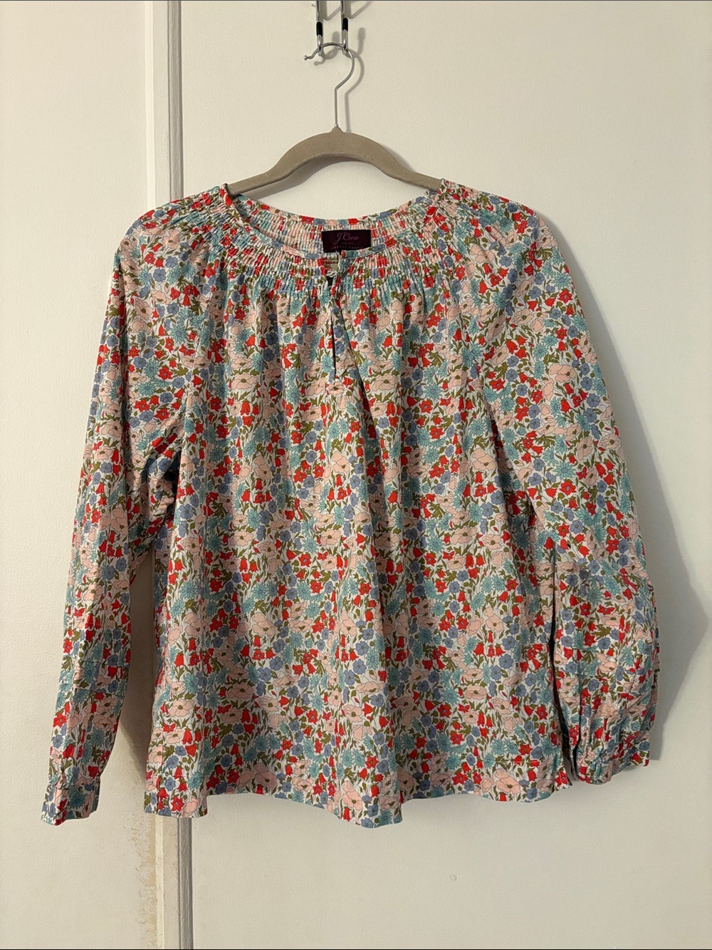 J. Crew Liberty of London Floral Smocked Neck Blouse in Red, Blue, Pink